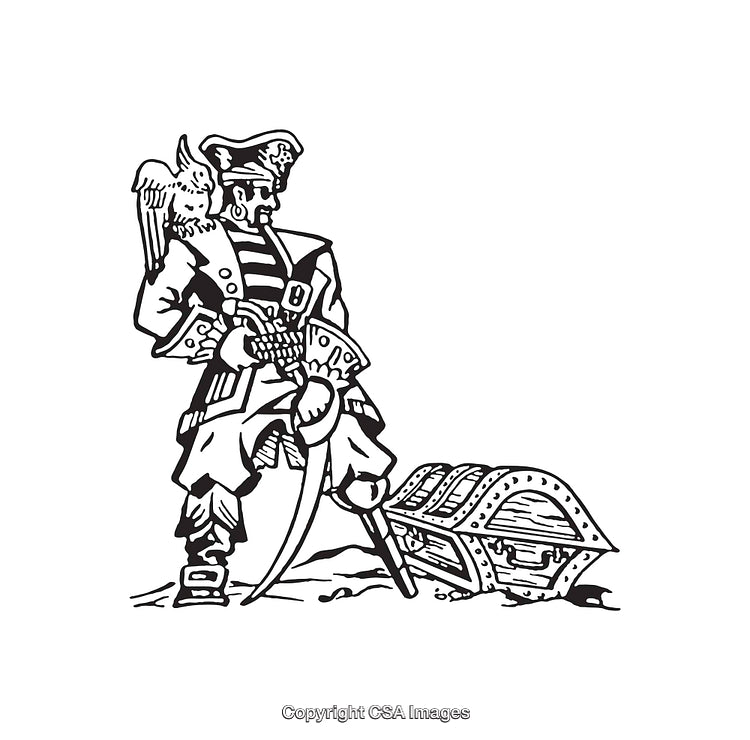 Detailed Black and White Line Art of Pirate with Treasure Chest