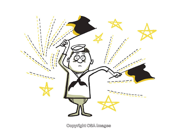 Cartoon Sailor Waving Flags Amidst Celestial Stars and Excitement