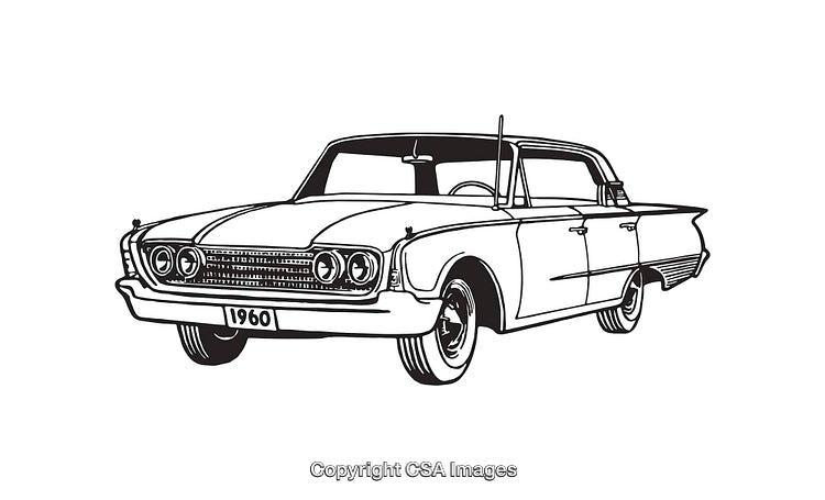 Retro 1960 Classic Car Illustration in Monochrome Line Art Style