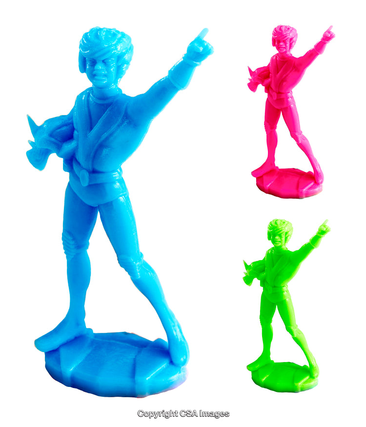 Colorful Plastic Toy Figures in Blue, Pink, and Green