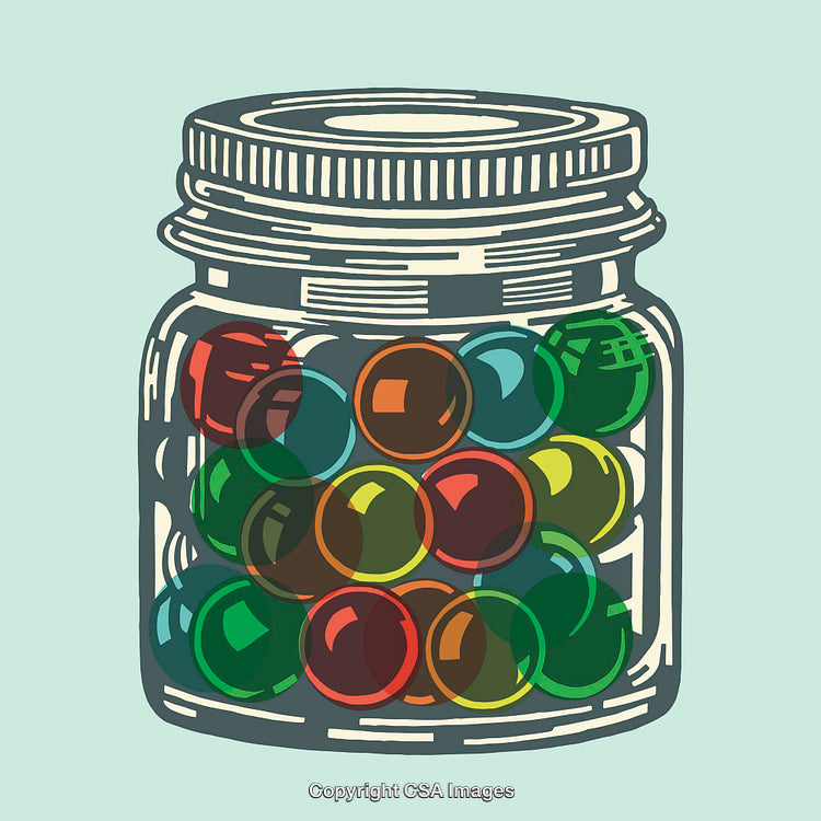 Colorful Illustration of Glass Jar Filled With Vibrant Marbles on Light Background