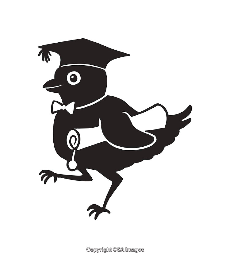 Black and White Line Art of a Bird in Academic Attire