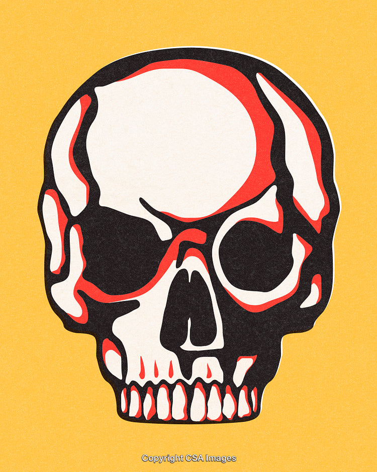 Vibrant Abstract Skull Illustration with Red and Black Patterns on Yellow