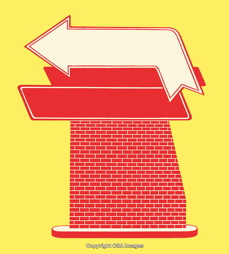 Colorful Line Art Illustration of a Red Arrow and Brick Structure