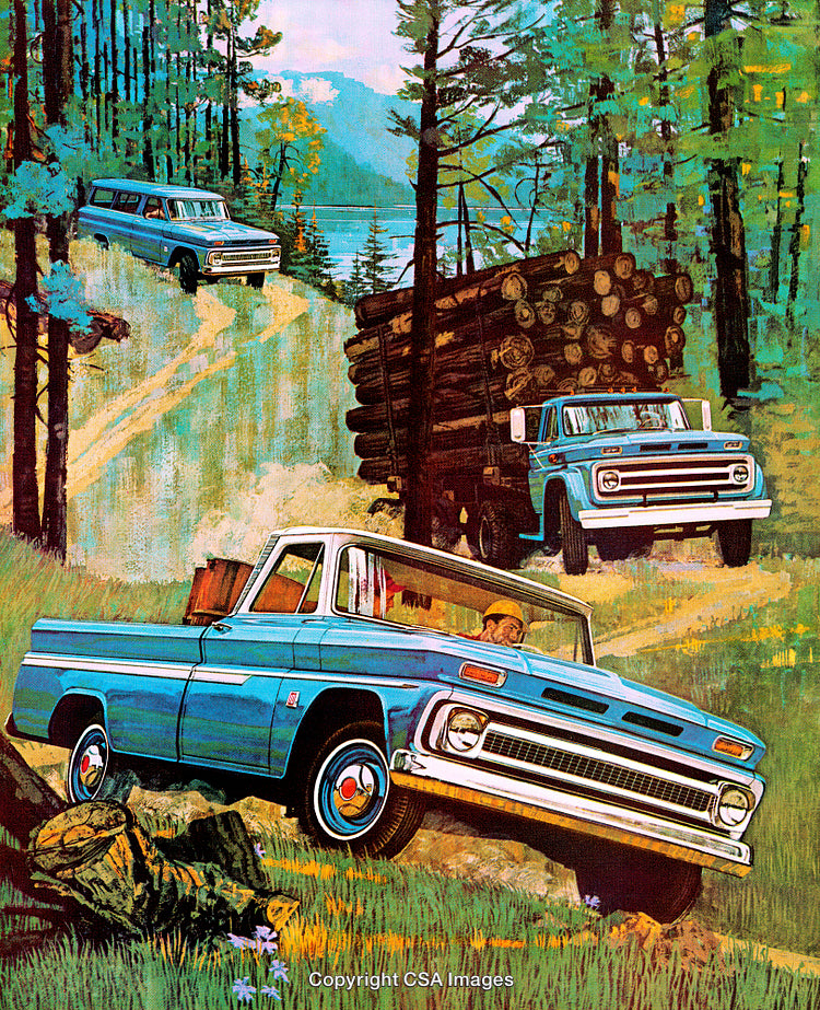 Vintage Illustration of Trucks in Forested Landscape with Logging Scenes