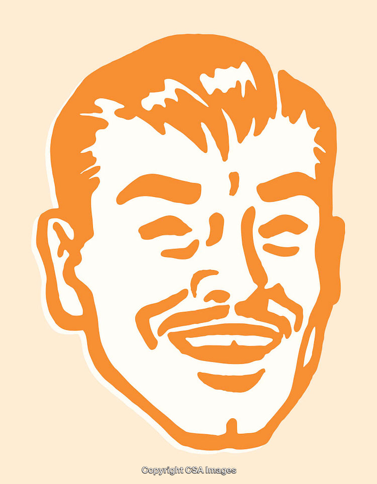 Retro Style Line Art Illustration of Smiling Man in Orange and White
