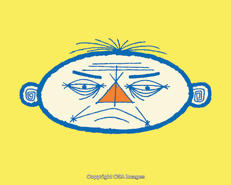 Colorful Line Art Illustration of a Grumpy Face on Yellow Background