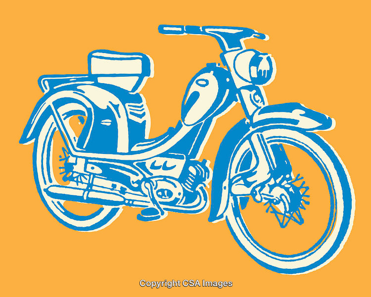 Retro Style Blue Motorbike Illustration on Orange Background