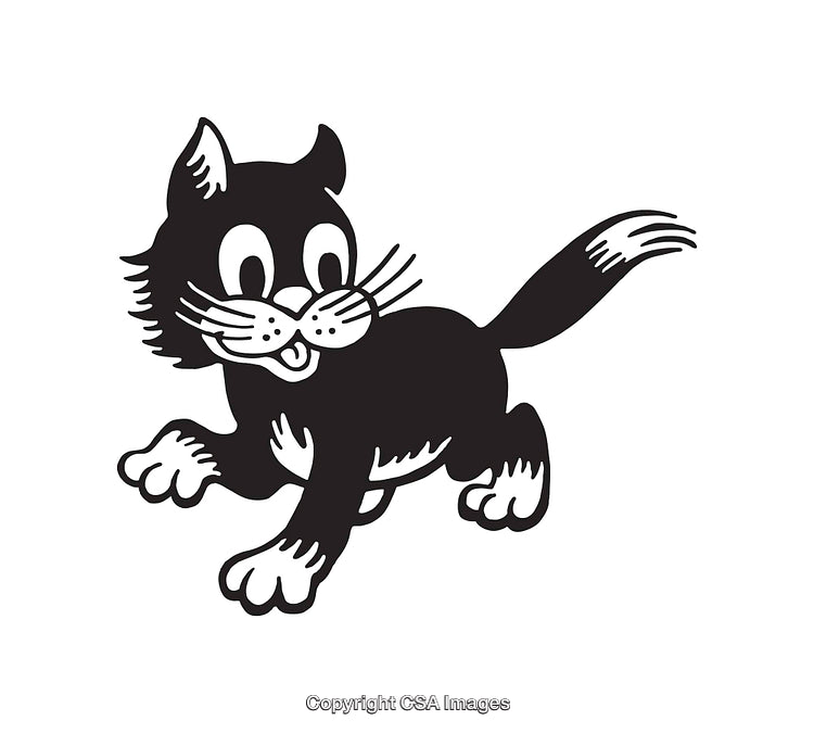 Playful Black and White Cartoon Cat Illustration in Line Art Style