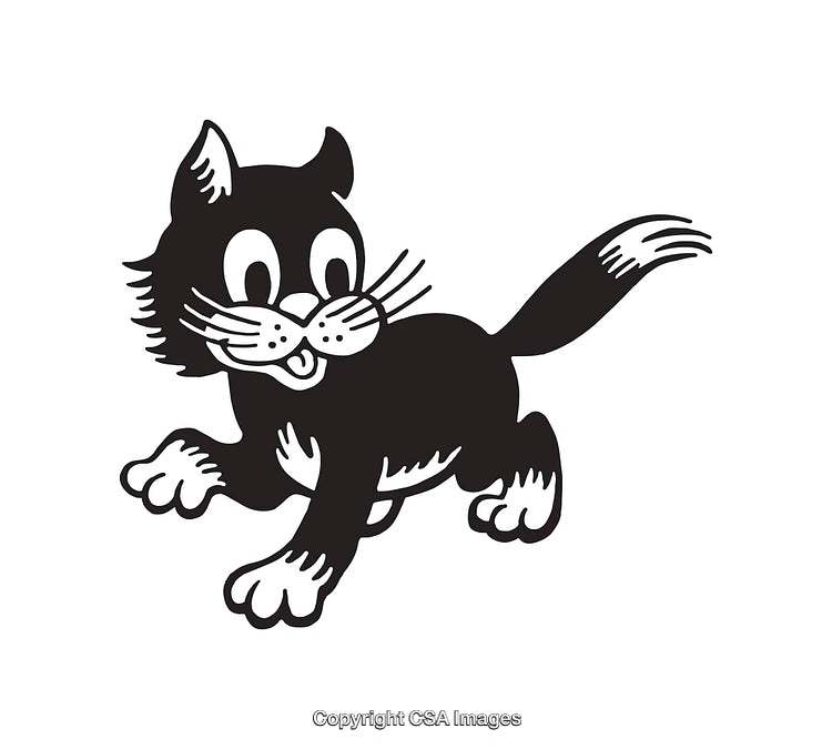 Playful Black and White Cartoon Cat Illustration in Line Art Style