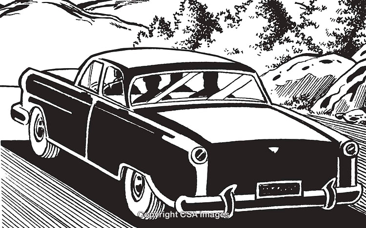 Vintage Illustration of a Classic Car Driving on a Scenic Road