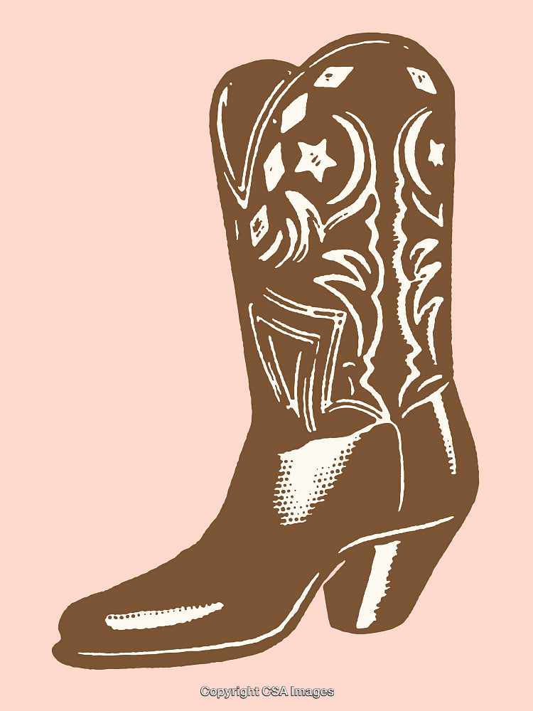 Stylized Brown Western Cowboy Boot Line Art on Pink Background