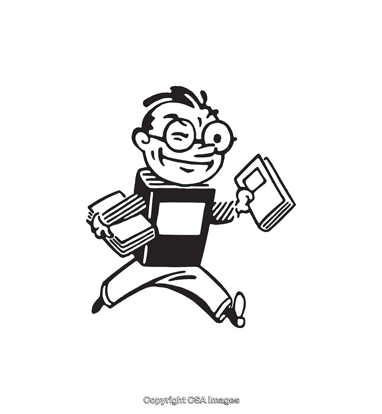 Black And White Illustration of a Happy Character Holding Books