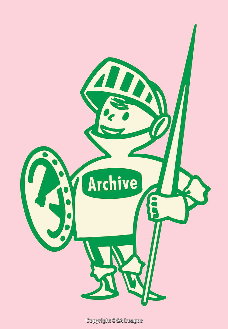 Whimsical Green Knight Illustration With Shield and Spear on Pink Background