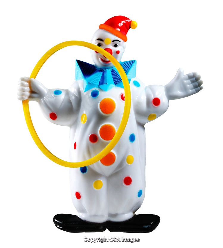 Colorful Clown Figurine Holding Yellow Hoop with Fun Party Decorations