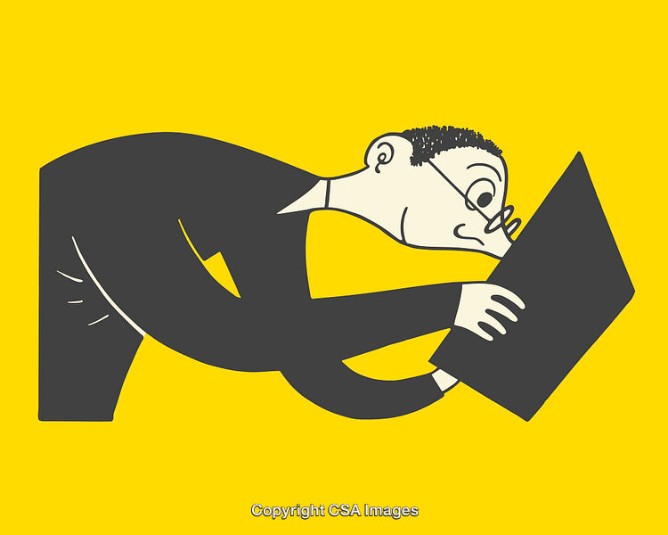Cartoon Illustration of a Curious Man Examining an Object Closely