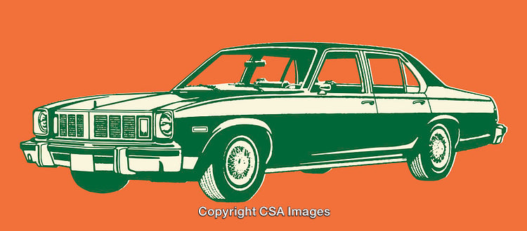 Vintage Green Sedan Car in Pop Art Style Illustration on Orange Background