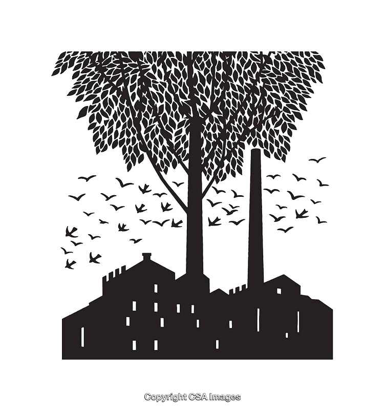 Black and White Silhouette of a Factory with Trees and Birds