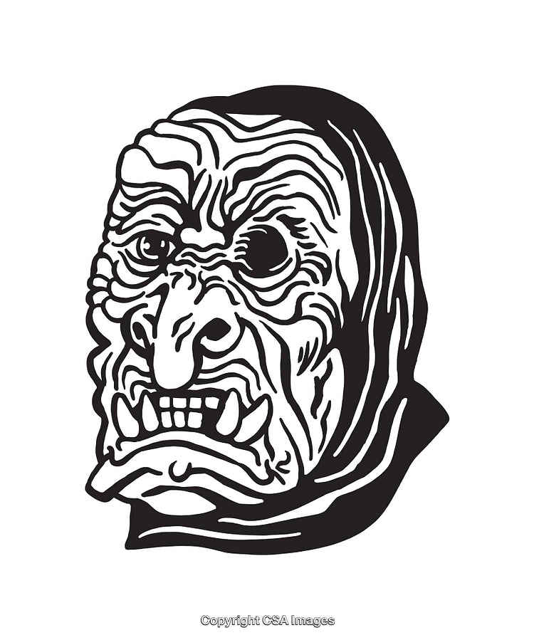 Black and White Illustration of a Wrinkled Character Face with Distinct Features