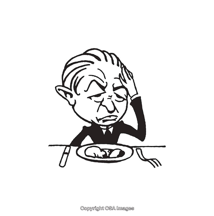 Black And White Illustration of a Frustrated Character Sitting at a Table