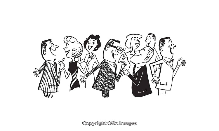 Retro Line Art Illustration of a Friendly Group Social Gathering