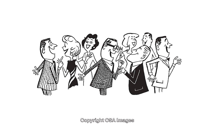 Retro Line Art Illustration of a Friendly Group Social Gathering