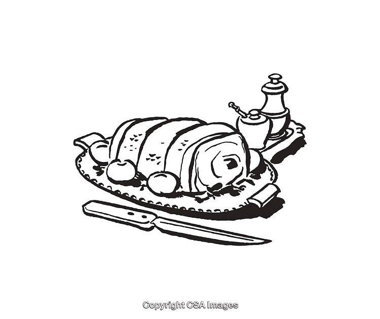 Black and White Line Art of a Gourmet Meat Platter with Utensils