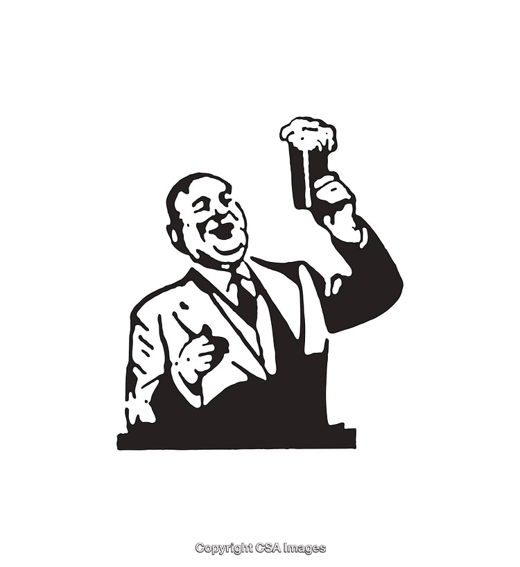 Vintage Black And White Illustration of a Cheerful Man Holding a Drink