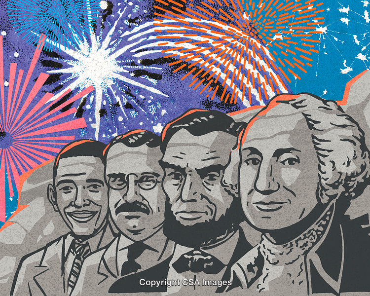 Illustration of Historic Figures with Fireworks in a Patriotic Display