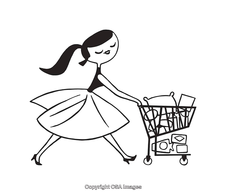 Stylish Shopping Woman in Line Art with Filled Cart