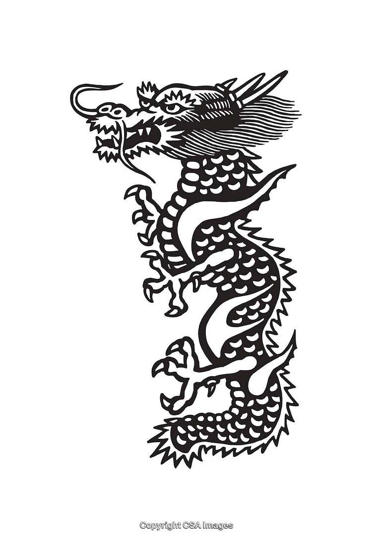 Black and White Line Art Illustration of a Traditional Chinese Dragon