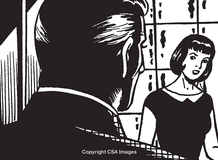 Retro Comic Style Illustration of a Conversation Scene in Black and White