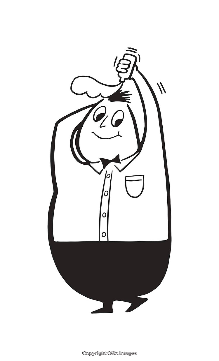 Cartoon Figure Combing Hair in Black and White Line Art