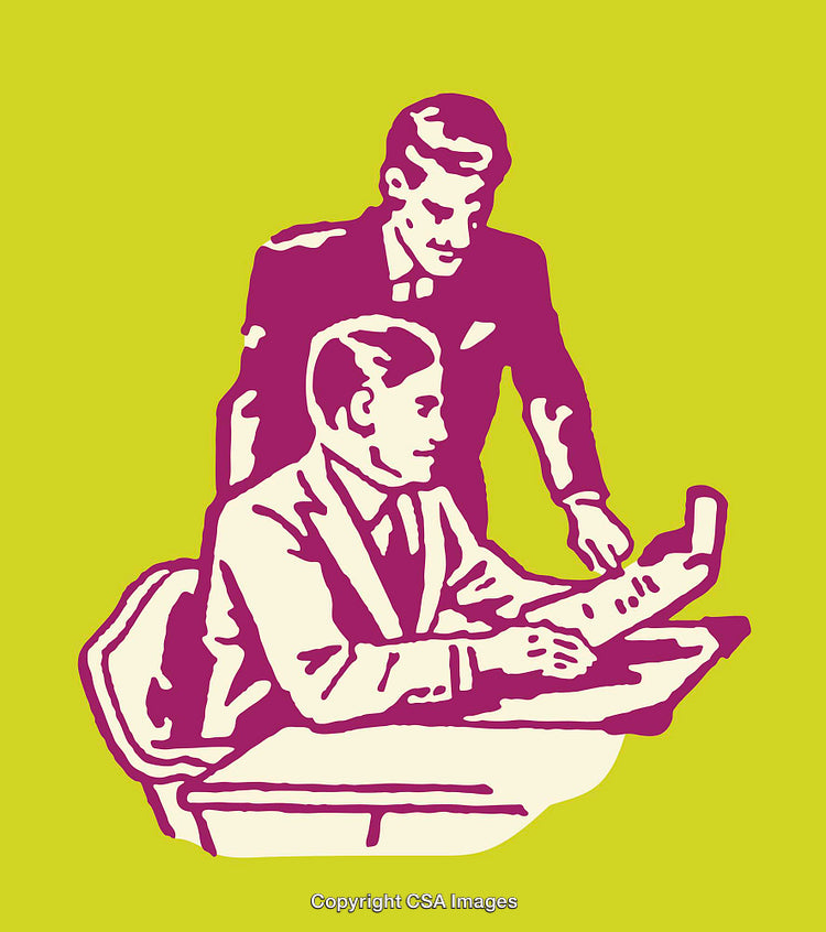 Retro Style Line Art of Two Businessmen Having a Discussion