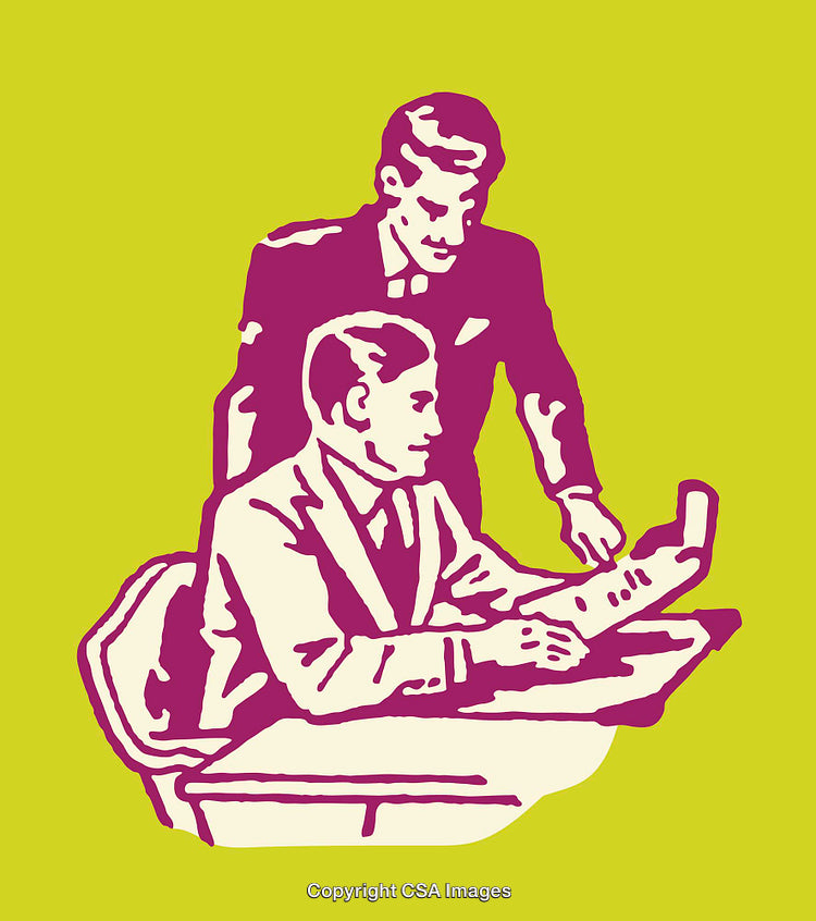 Retro Style Line Art of Two Businessmen Having a Discussion