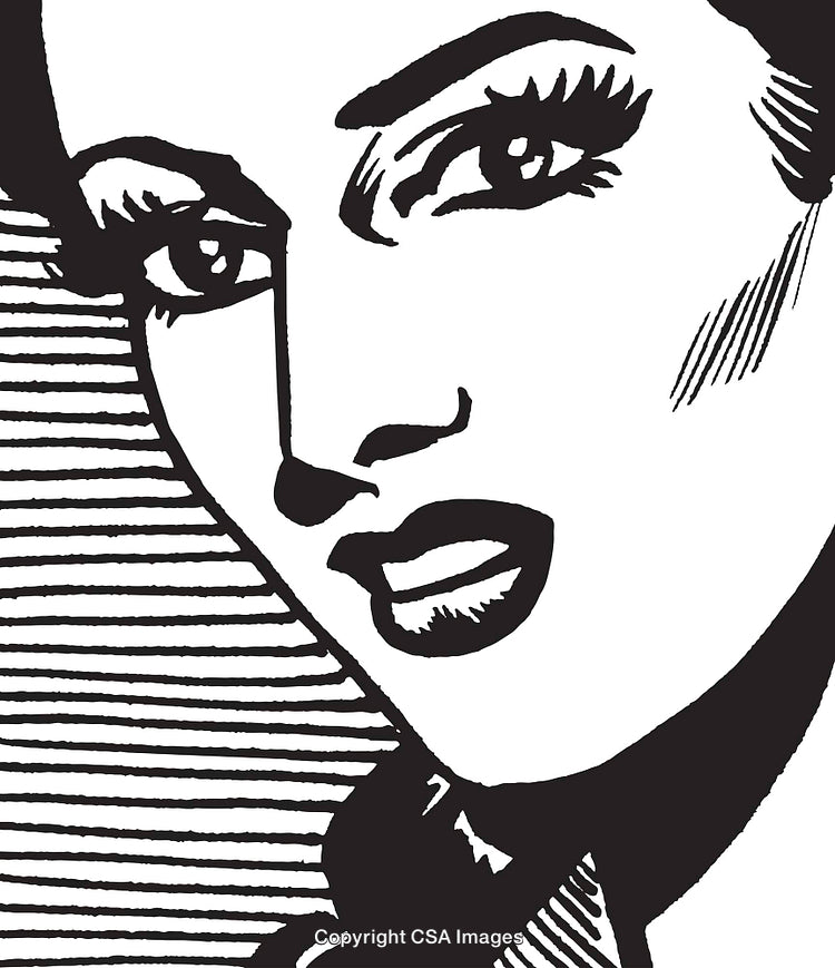 Vintage Black and White Illustration of a Woman's Face in Pop Art Style