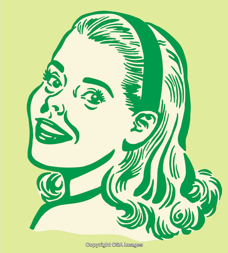 Vintage Green Line Art Illustration of a Cheerful Retro Woman
