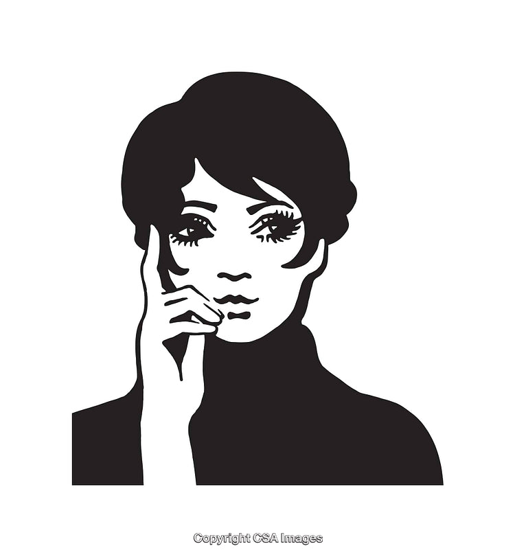 Vintage Black and White Illustration of a Thoughtful Woman's Face