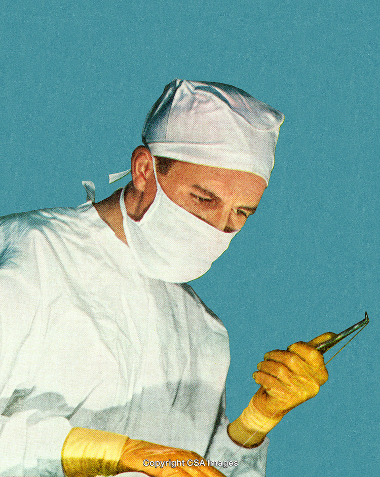 Medical Surgeon in Sterile Attire Holding Surgical Instrument, Preparing for Procedure