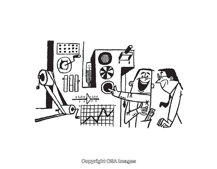Collaborative Business Discussion in a Retro Illustrated Office Setting