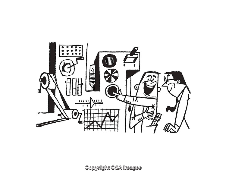 Collaborative Business Discussion in a Retro Illustrated Office Setting