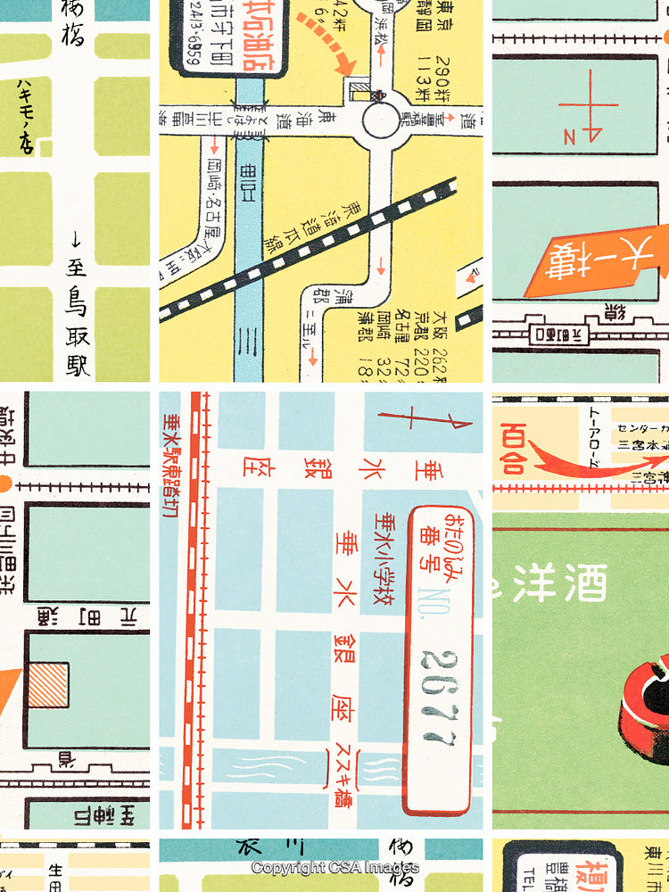 Vintage Japanese Map with Colorful Graphics and Regional Details
