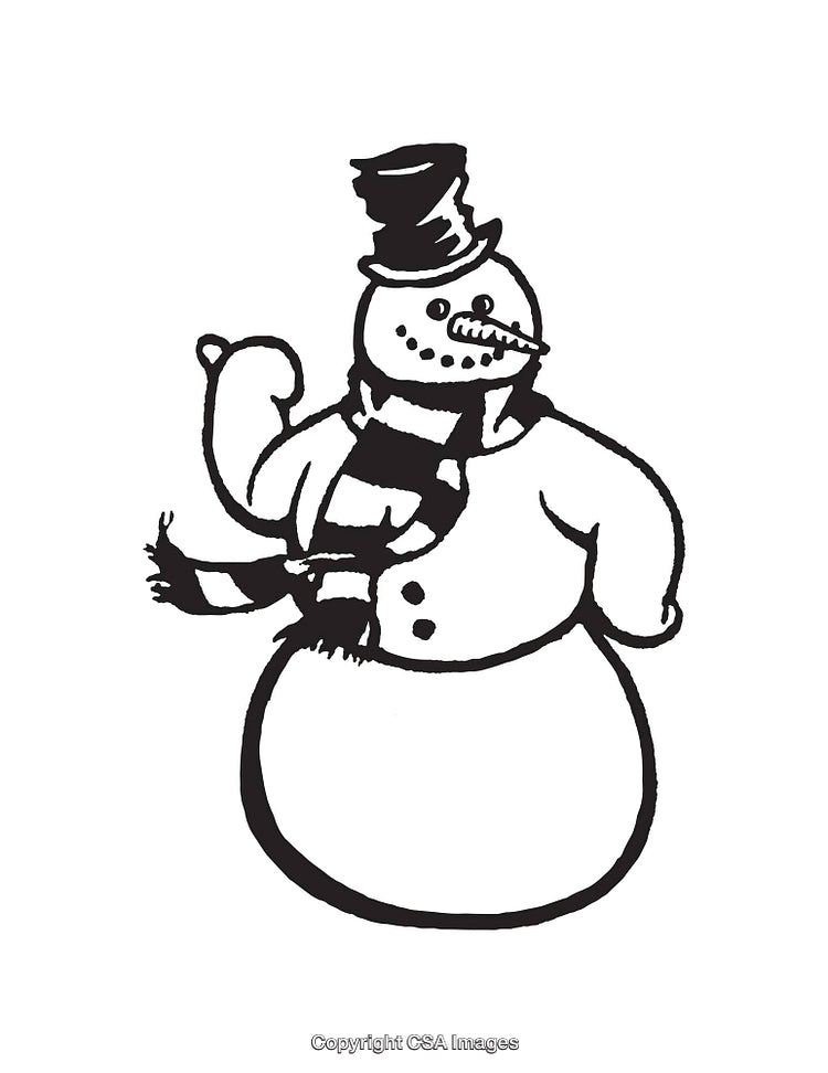 Black and White Line Art of a Cheerful Snowman with Hat and Scarf