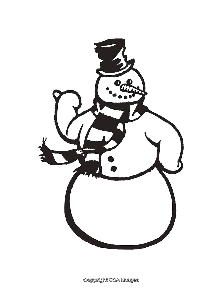 Black and White Line Art of a Cheerful Snowman with Hat and Scarf