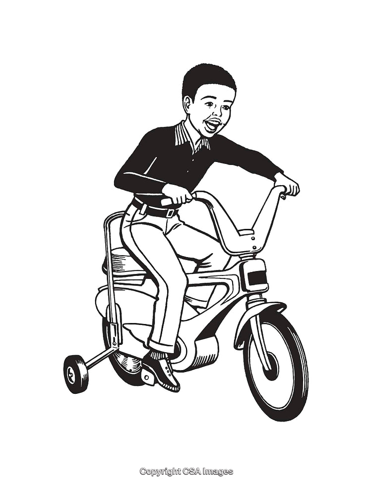 Young Boy Riding A Tricycle With Joyful Expression In Line Art Style