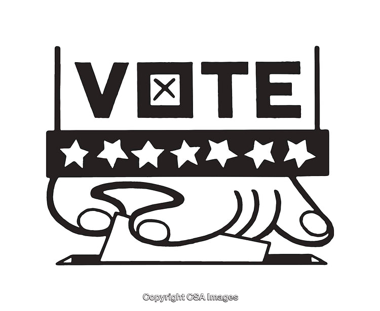 Black and White Vote Illustration Featuring Hand and Ballot Box
