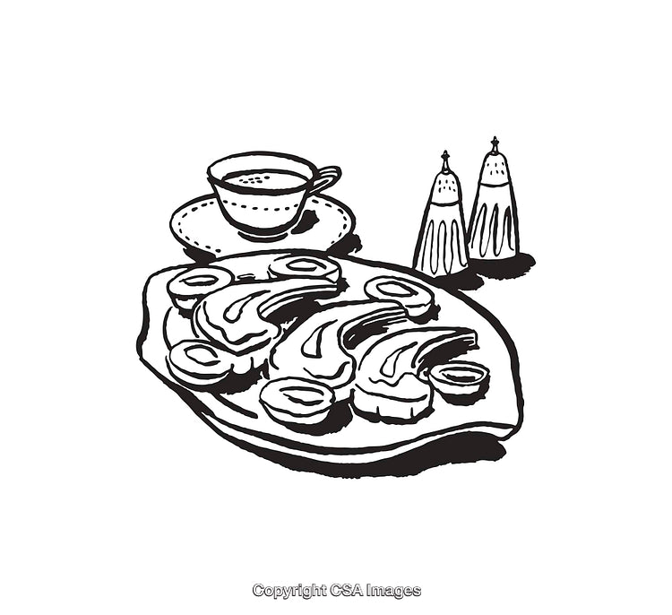 Black and White Line Art Meal Illustration with Cup and Seasoning Shakers