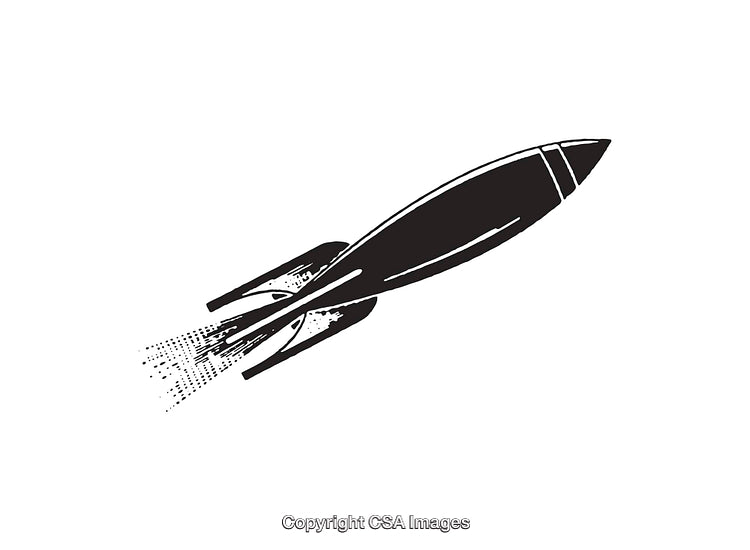 Retro Style Black and White Rocket Illustration with Smoke Trail