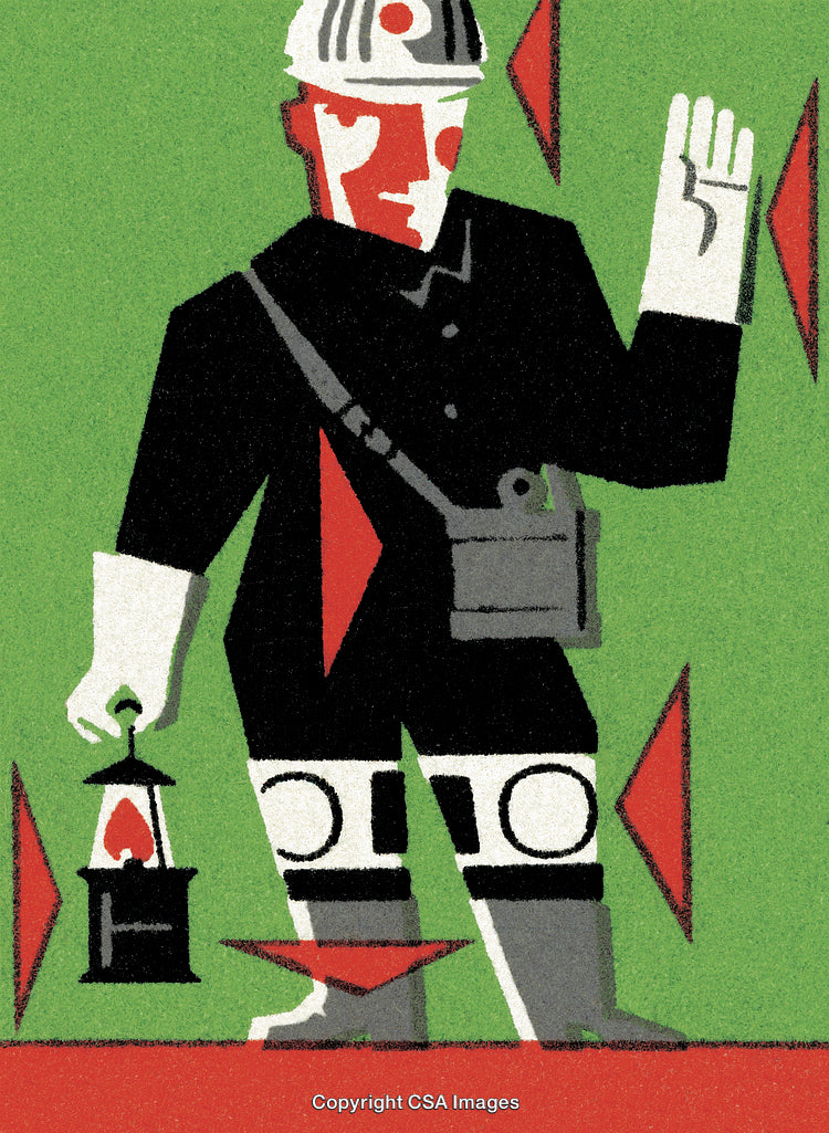 Artistic Depiction of a Worker Holding Lantern and Displaying Hand Gesture
