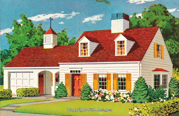 Charming Vintage Cottage Illustration with Red Roof and Lush Green Surroundings